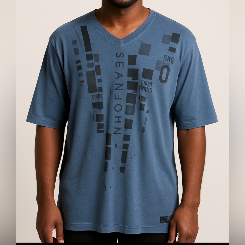 Sean John vintage Blue with black Graphics on front menās vneck Tshirt 3XL
